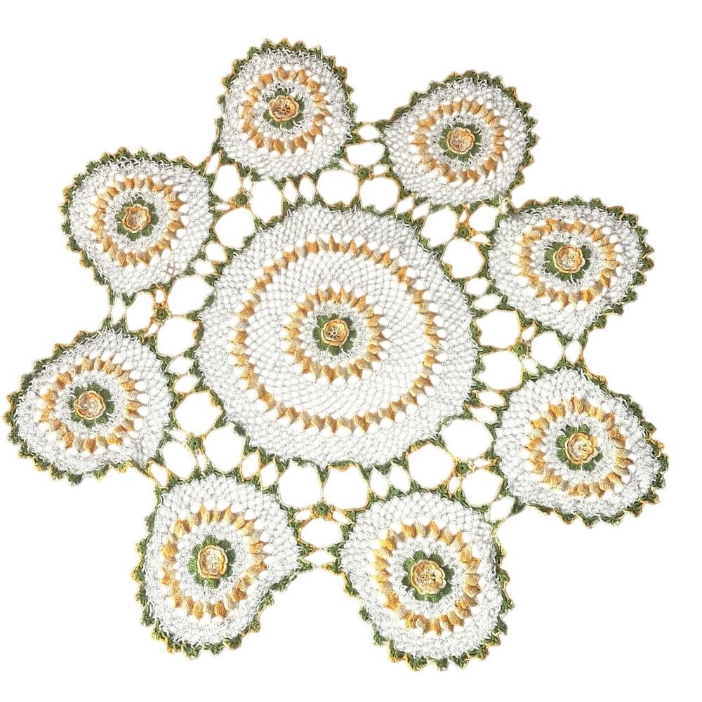 Vintage Hand Crochet Raised Flower Lace Table Topper 35"